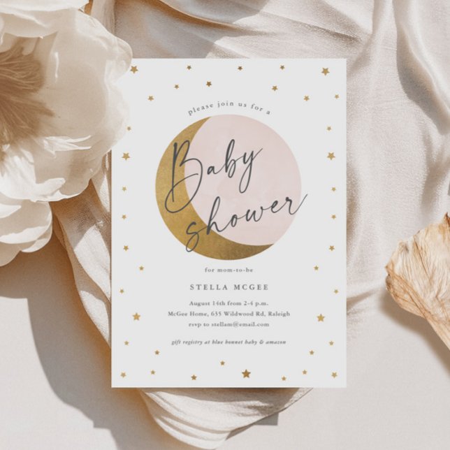 Invitation Baby shower Gold Moon et Stars Script Girls (Gold Moon and Stars Script Girls Baby Shower Invitations.)