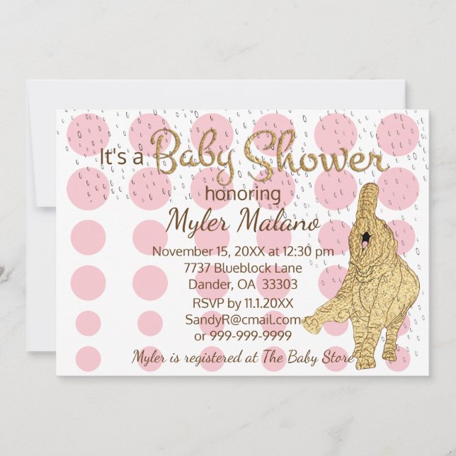 Invitation Baby shower Gold Rose Blanc bébé Eléphant (Devant)