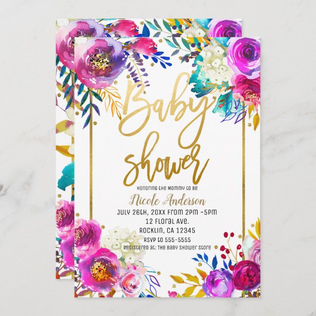 Invitation Baby shower Gold Script Bold Aquarelle Floral (Devant / Derrière)