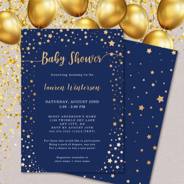 Invitation Baby shower Gold Star de Twinkle Navy (Créateur téléchargé)
