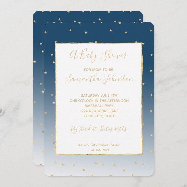 Invitation Baby shower Gold Stars Sky Shine Bright Ombre (Devant / Derrière)