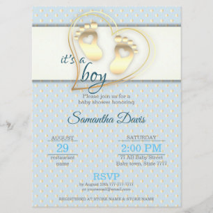 Invitation Baby shower Golden Baby Boy Footprints and Hearts