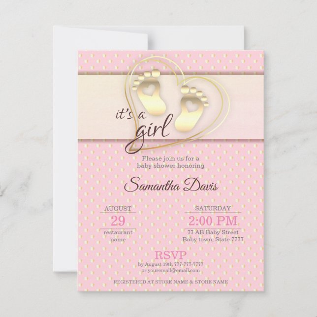Invitation Baby shower Golden Baby Girl Footprints and Hearts (Devant)