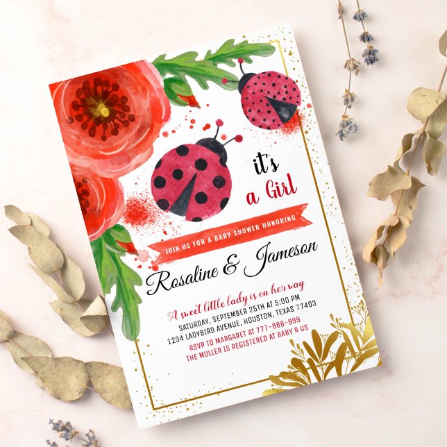 Invitation Baby shower Golden Red Ladybug Watercolor Couples (Créateur téléchargé)