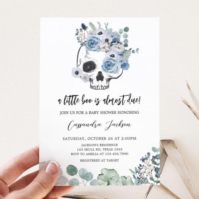 Invitation Baby shower gothique bleu floral (Floral Skull Baby Shower Invitation)