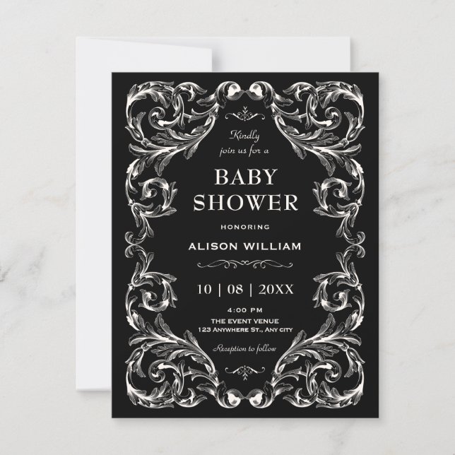 Invitation Baby shower gothique vintage noir (Devant)