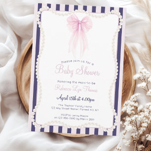 Invitation Baby shower grandmillénial aux perles et nœud rose