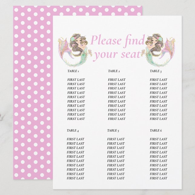Invitation Baby Shower Graphique de table Marron Sirène Rose (Devant / Derrière)