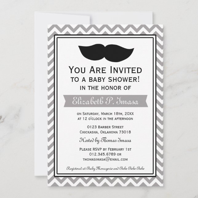 Invitation Baby shower Gray Boy Mustache Chevron (Devant)