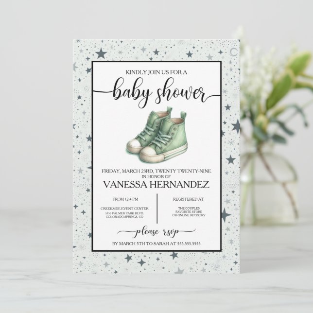 Invitation Baby shower Green Baby High Tops (Debout devant)