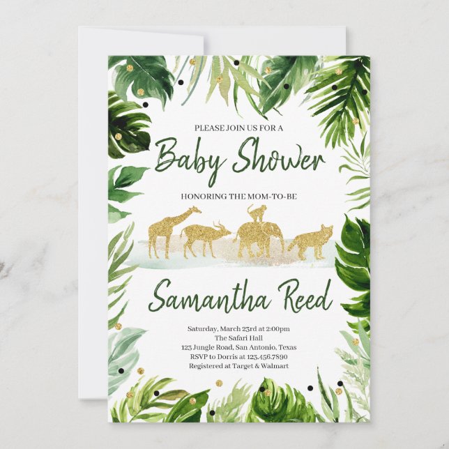 Invitation Baby shower Green Gold Safari Jungle (Devant)