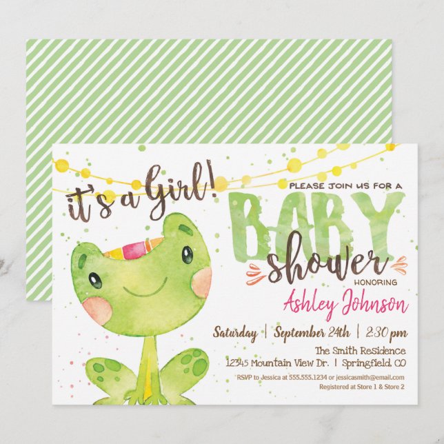 Invitation Baby shower grenouille, Fille (Devant / Derrière)