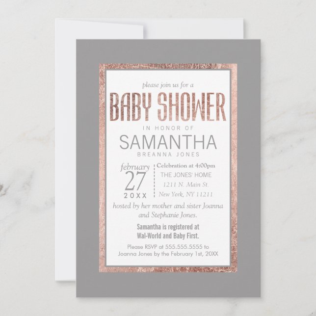 Invitation Baby shower gris ardoise simple Rose or (Devant)