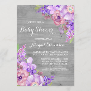 Invitation Baby shower gris bois violet d'aquarelle