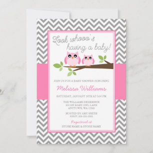 Invitation Baby shower gris de fille de Chevron de hibou rose