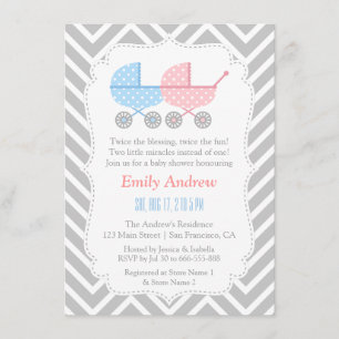 Invitation Baby shower gris de jumeaux de poussettes de
