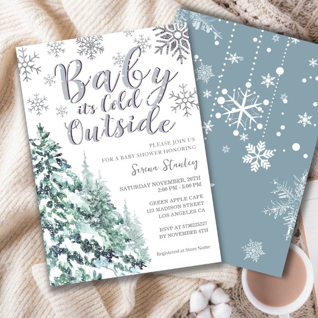 Invitation Baby shower gris de la forêt d'hiver de neige (Créateur téléchargé)