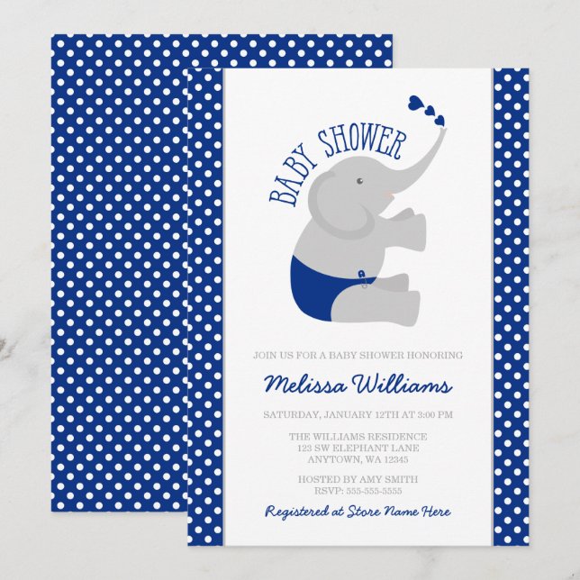 Invitation Baby shower gris doux d'éléphant de bleu marine (Devant / Derrière)