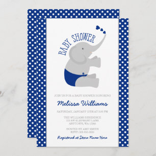Invitation Baby shower gris doux d'éléphant de bleu marine
