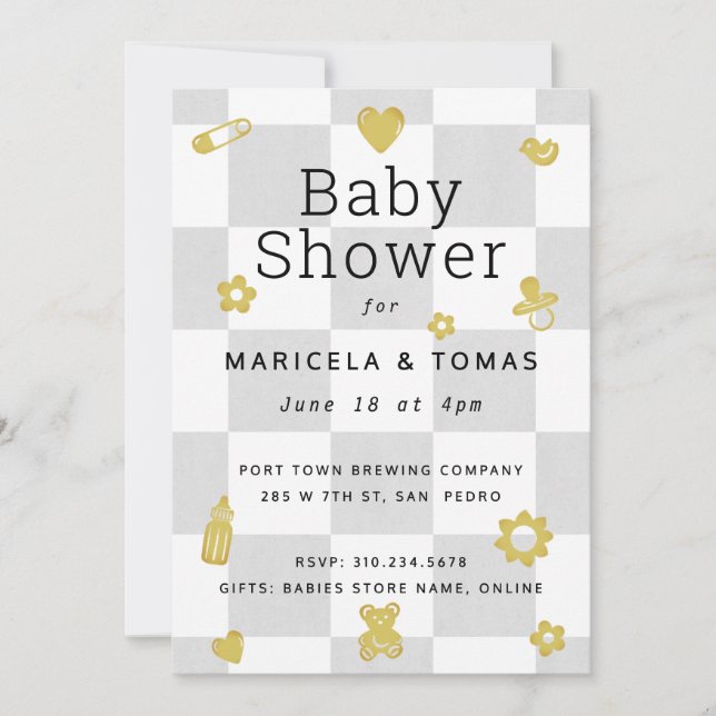 Invitation Baby shower gris et jaune Checker (Devant)