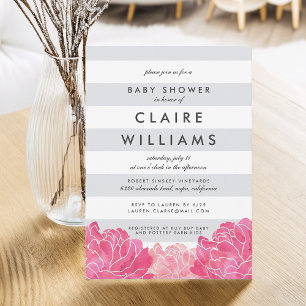 Invitation Baby shower Gris et pivoine rose