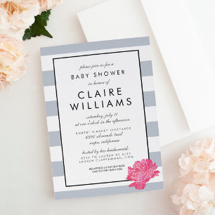 Invitation Baby shower Gris et pivoine rose