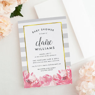 Invitation Baby shower Gris et pivoine rose