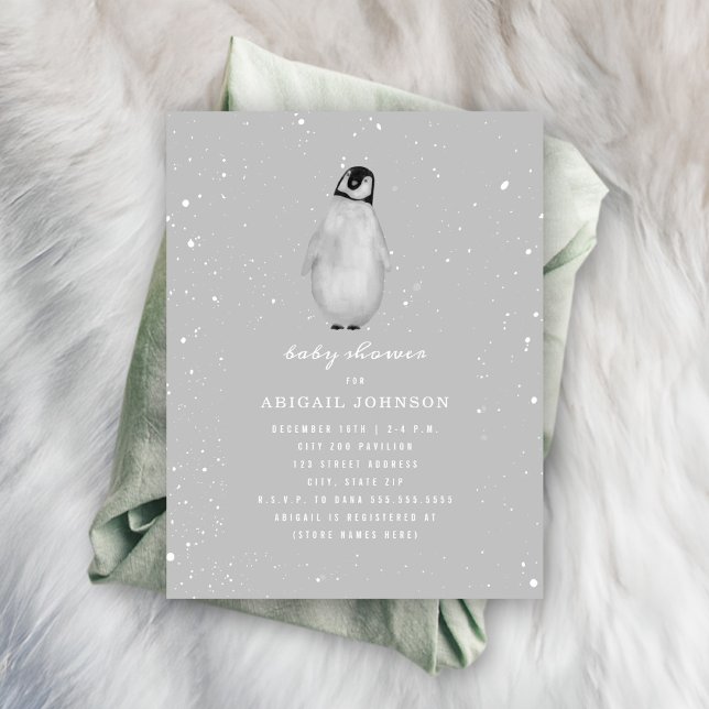 Invitation Baby shower gris neutre pour bébé pingouin (Créateur téléchargé)