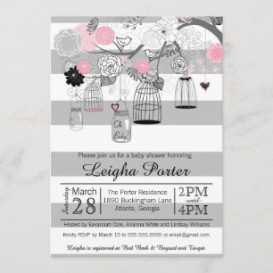 Invitation Baby shower gris noir rose de fille de cages à