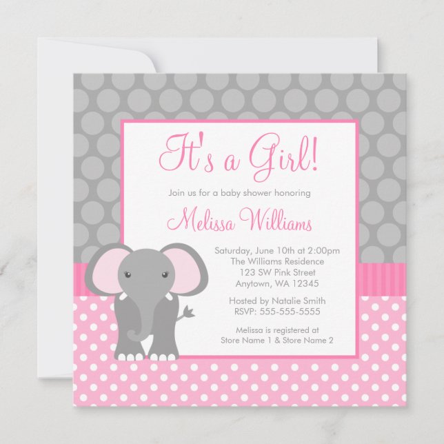 Invitation Baby shower gris rose de fille de point de polka (Devant)