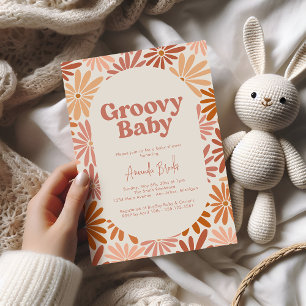 Invitation Baby Shower Groovy Fleurs Rétro Orange et Rose