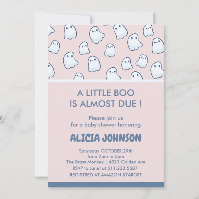 Invitation Baby shower Halloween adorable fantôme rose (Devant)