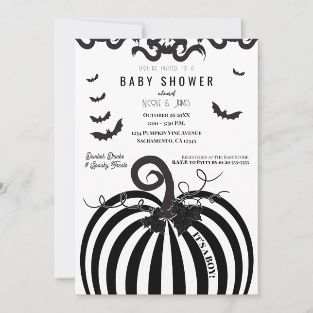 Invitation Baby Shower Halloween Citrouille Noir et Blanc (Devant)