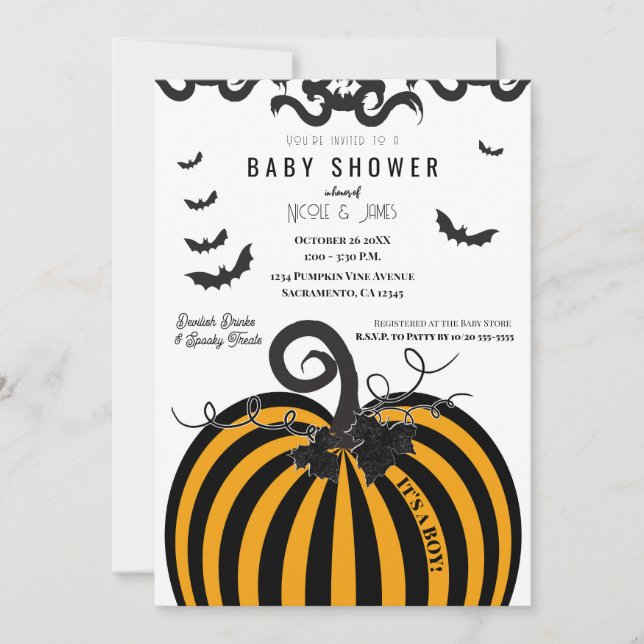 Invitation Baby Shower Halloween Citrouille Noir et Orange (Devant)