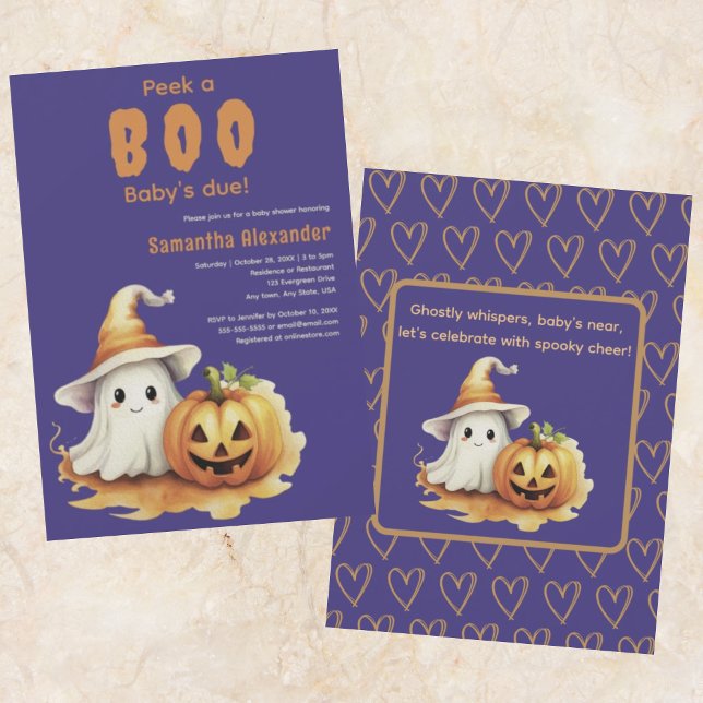 Invitation baby shower Halloween Ghost Boo (Cute pumpkin and ghost Peek-a-Boo baby shower invitation. Charming halloween poem on back of card.)