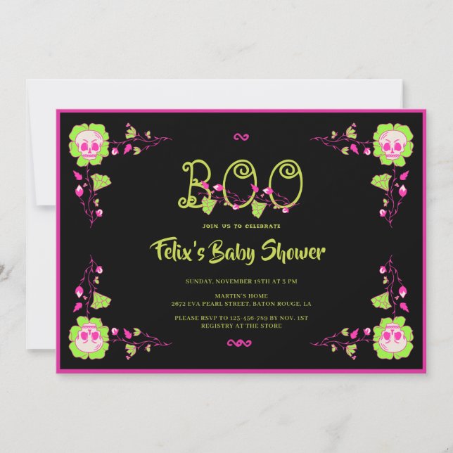 Invitation Baby shower Halloween noir et rose classique (Devant)