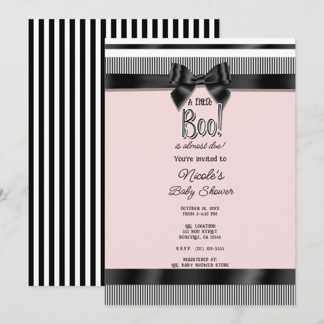 Invitation Baby Shower Halloween Rose Blanc Ruban Noir (Devant / Derrière)