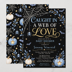 Invitation Baby Shower Halloween Toile d'Araignée Bleue et Or