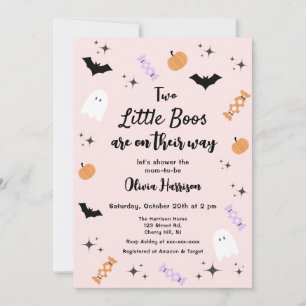 Invitation Baby shower Halloween Twins Pink Little Boo