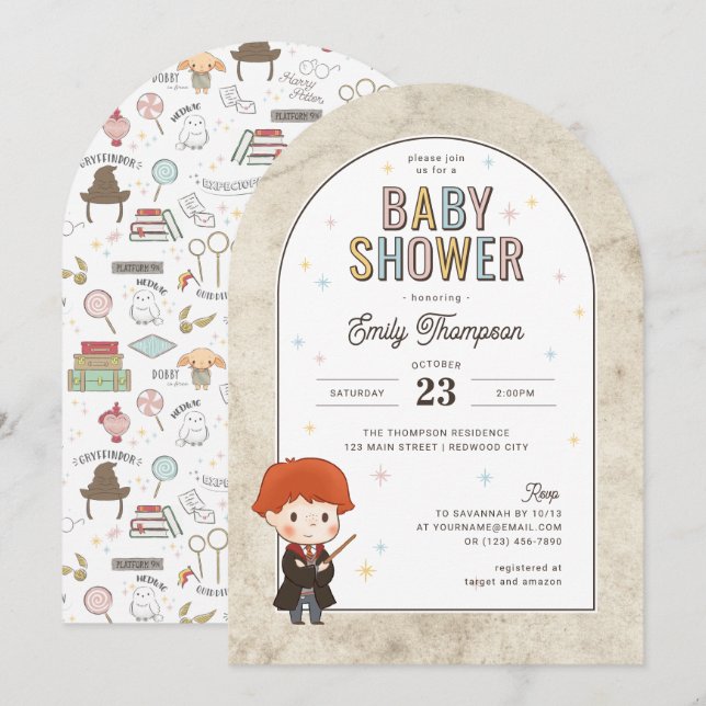 Invitation Baby Shower Harry Potter Chibi Ron Weasley Magicie (Devant / Derrière)