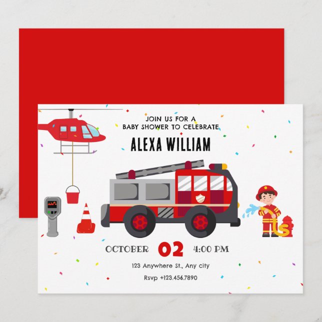 Invitation Baby shower hélicoptère camion pompier (Devant / Derrière)
