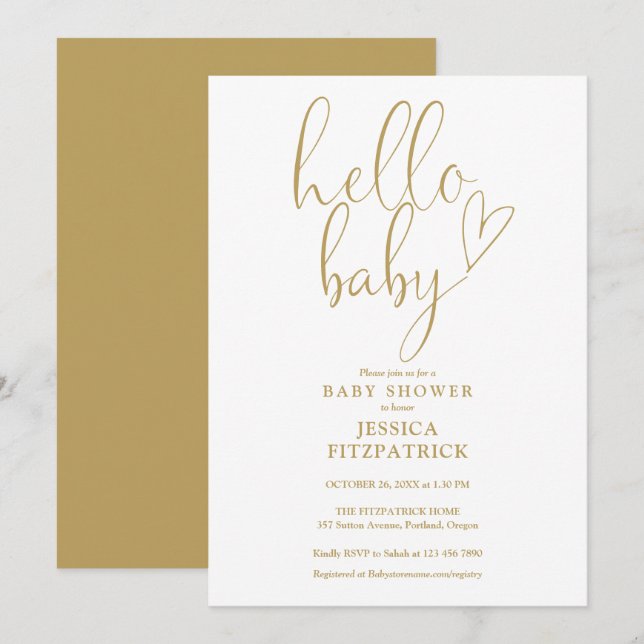 Invitation Baby Shower Hello Baby Gold Heart Scrip (Devant / Derrière)