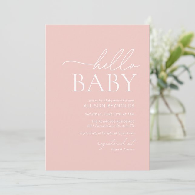 Invitation Baby shower Hello rose pâle minimaliste (Debout devant)