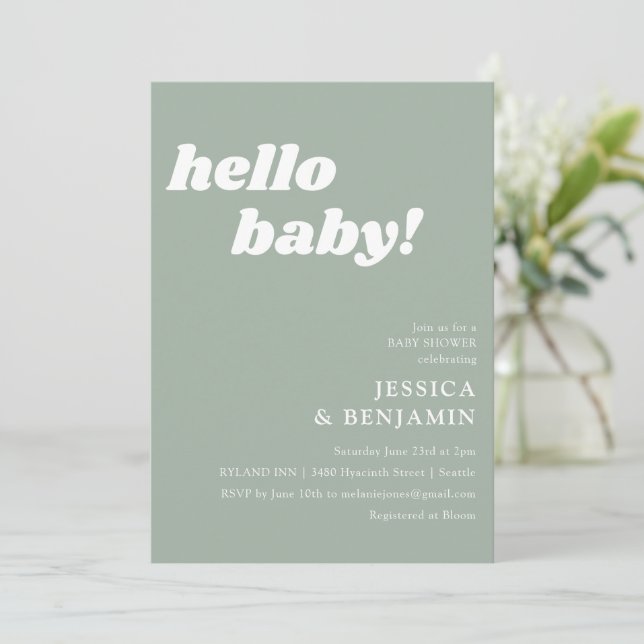 Invitation Baby shower Hello simple Dusty Sage (Debout devant)
