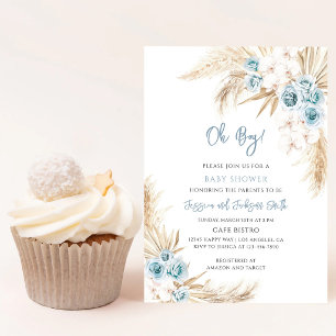 Invitation Baby Shower Herbe de Pampas Bleu Boho