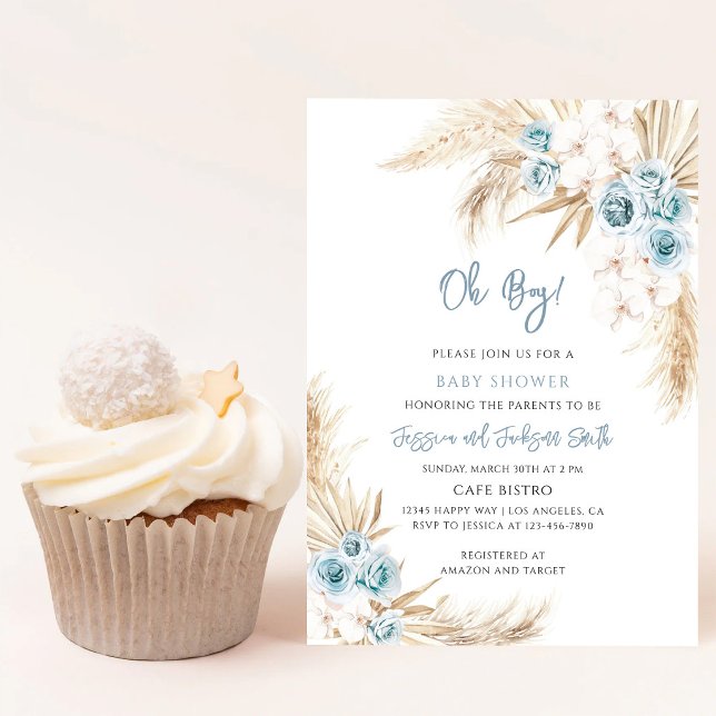 Invitation Baby Shower Herbe de Pampas Bleu Boho (Créateur téléchargé)