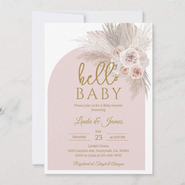 Invitation Baby Shower Herbe de Pampas Rose Boho (Devant)