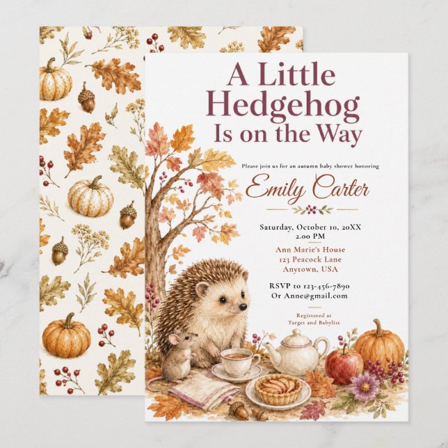 Invitation Baby Shower Hérisson d'Automne (Devant / Derrière)