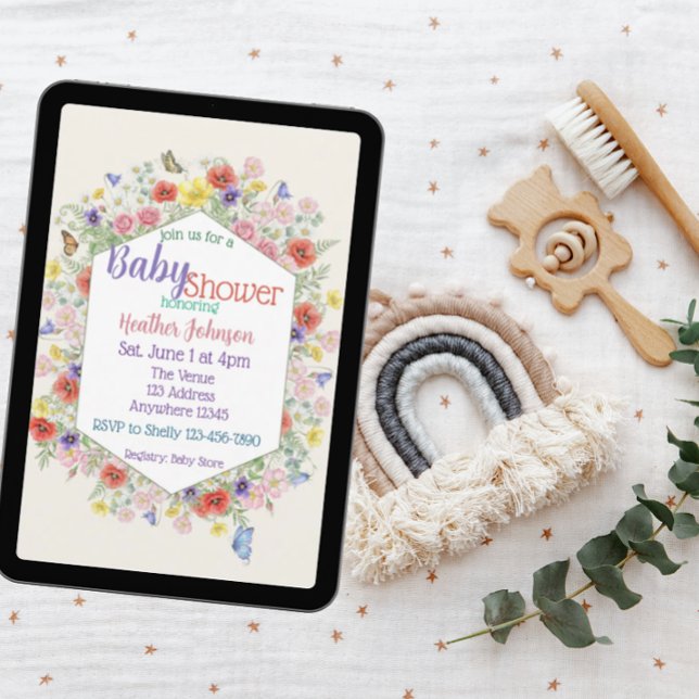 Invitation Baby Shower Hexagonal Papillon Fleur Sauvage (Créateur téléchargé)