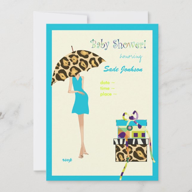 Invitation Baby shower Hip Mama/ robe bleue / taches léopards (Devant)